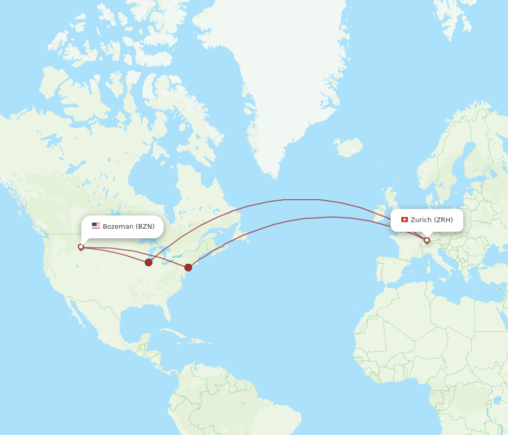 Zurich - Bozeman route map and flight paths