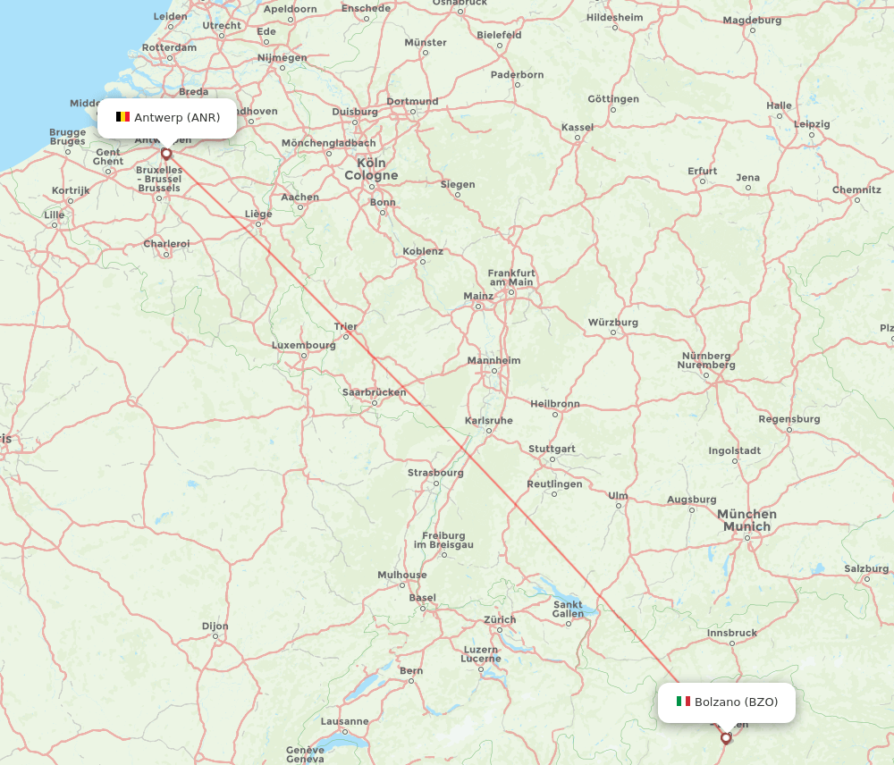 Bolzano - Antwerp route map and flight paths