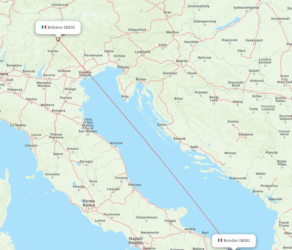 Bolzano - Brindisi route map and flight paths