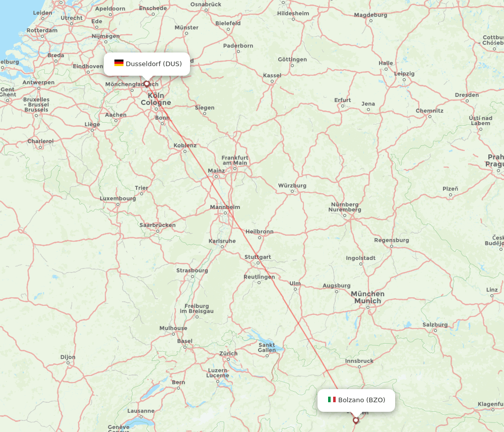 Bolzano - Dusseldorf route map and flight paths