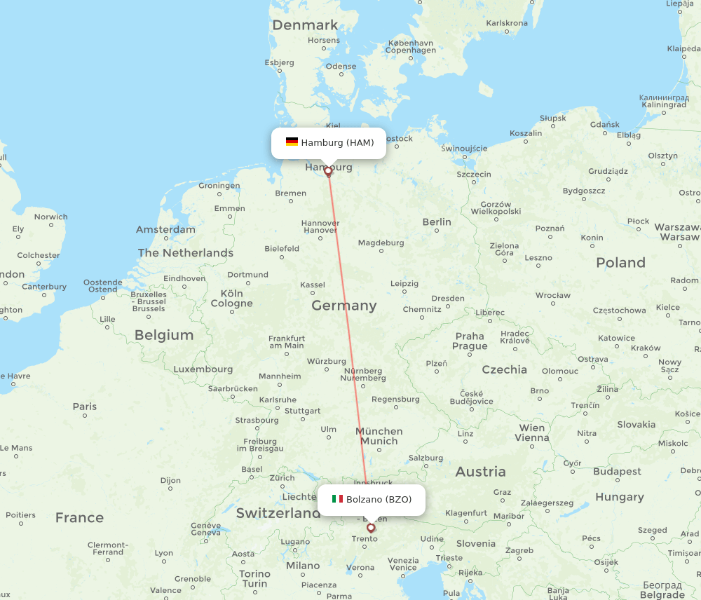Bolzano - Hamburg route map and flight paths