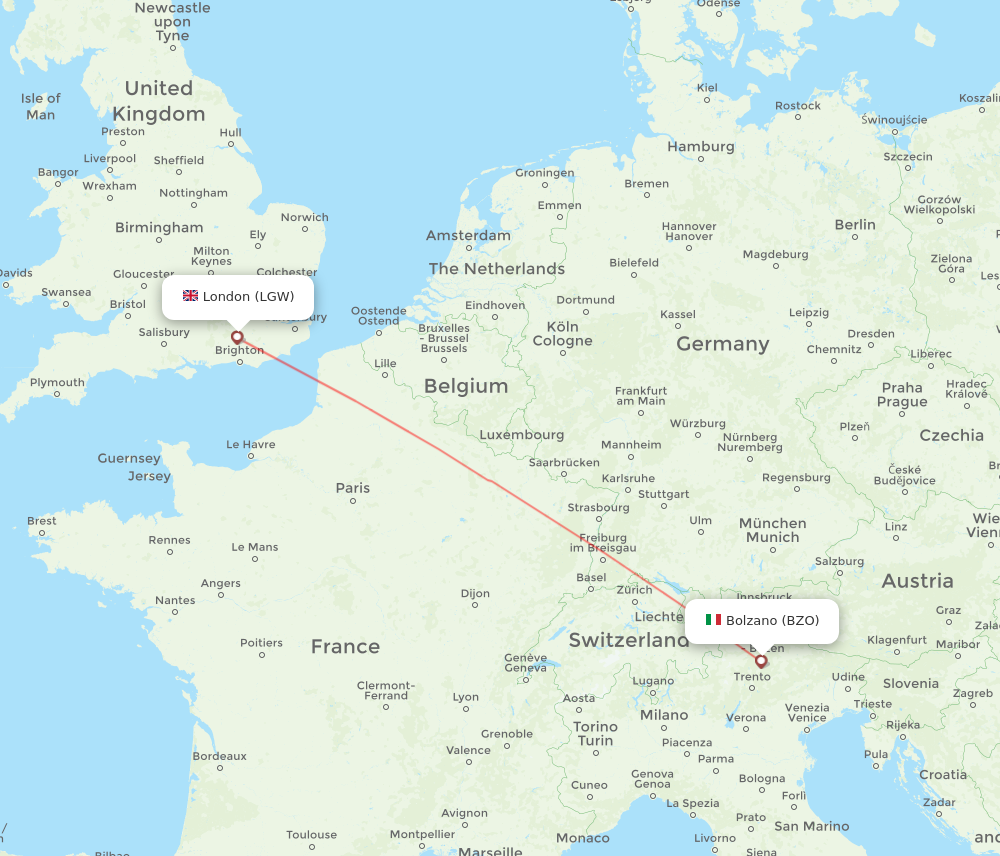 BZO to LGW flights and routes map