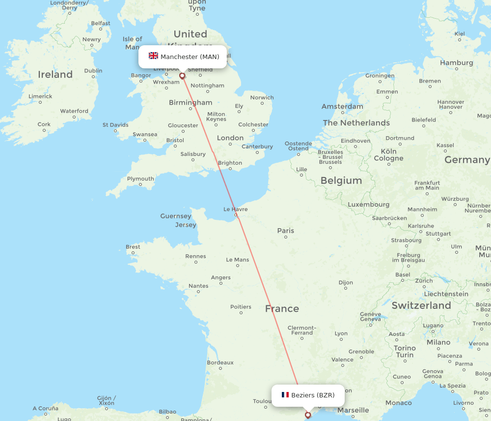 Beziers - Manchester route map and flight paths