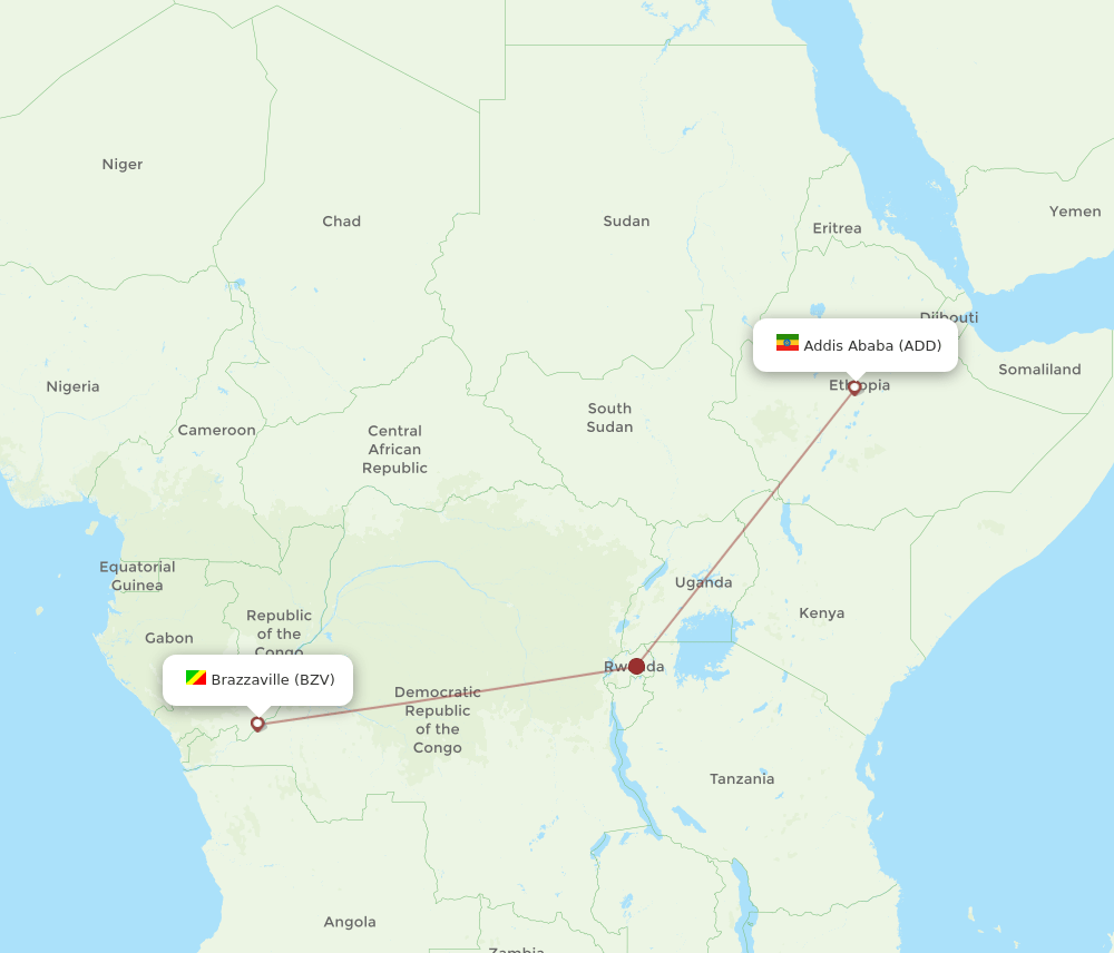 Brazzaville - Addis Ababa route map and flight paths