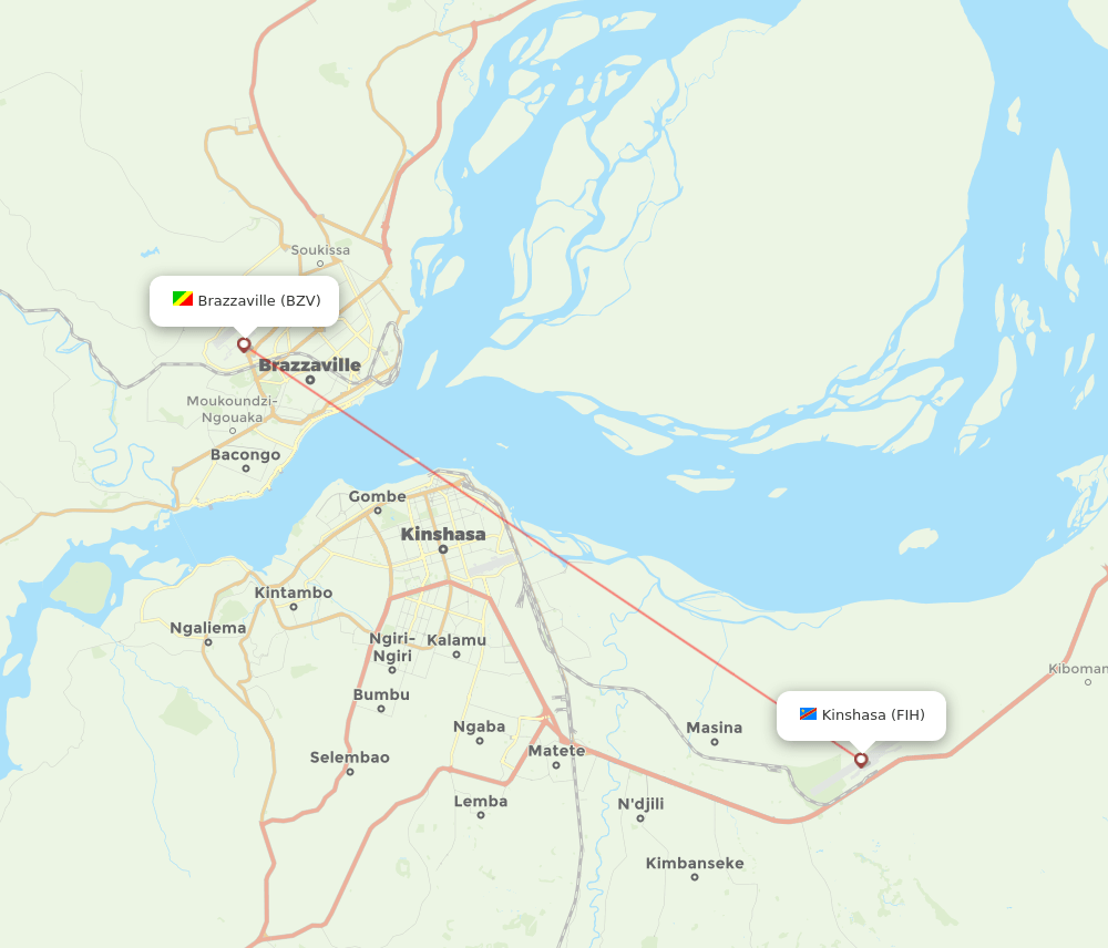 Brazzaville - Kinshasa route map and flight paths