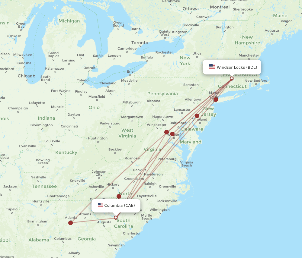 CAE to BDL flights and routes map