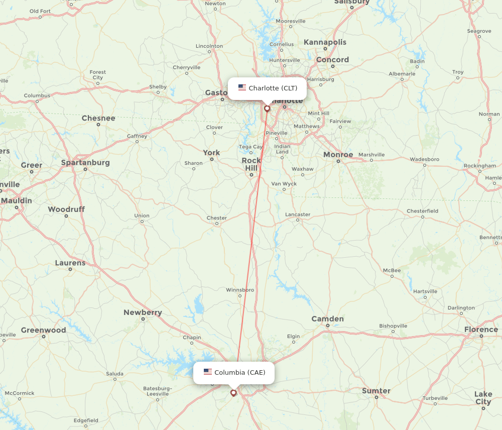 Columbia - Charlotte route map and flight paths