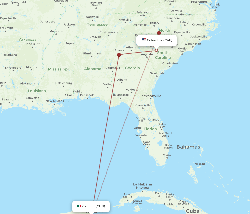 CAE to CUN flights and routes map