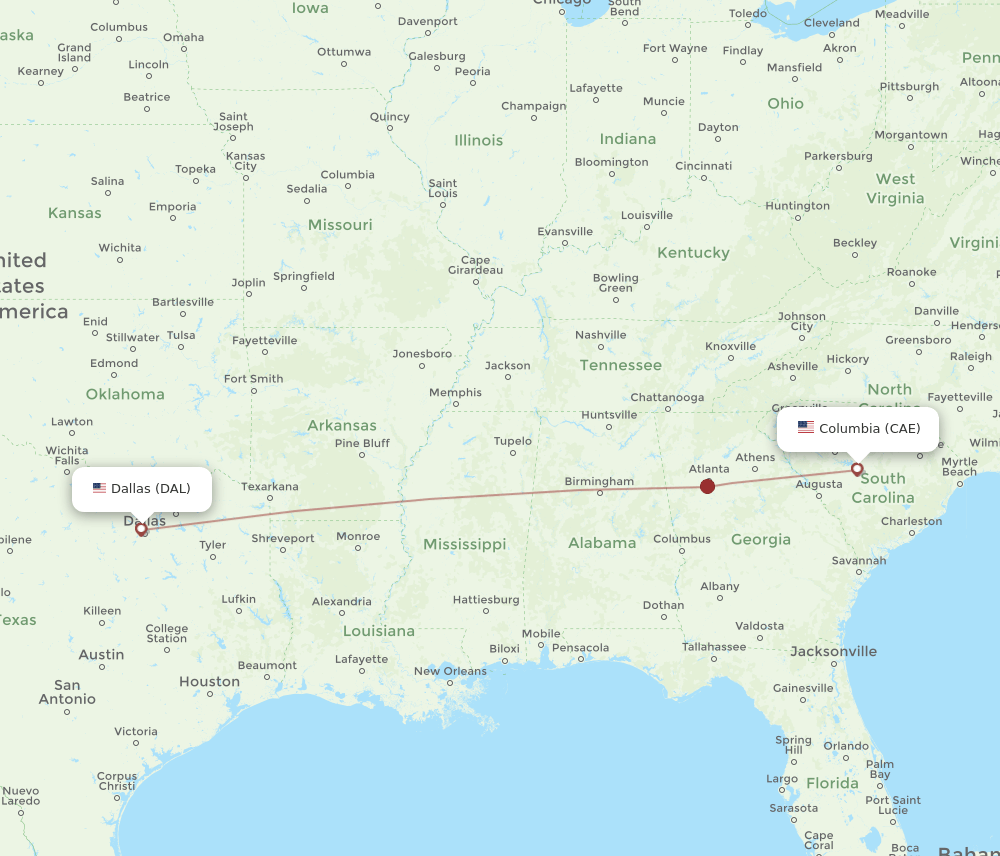 CAE to DAL flights and routes map