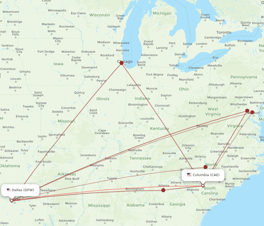 CAE to DFW flights and routes map