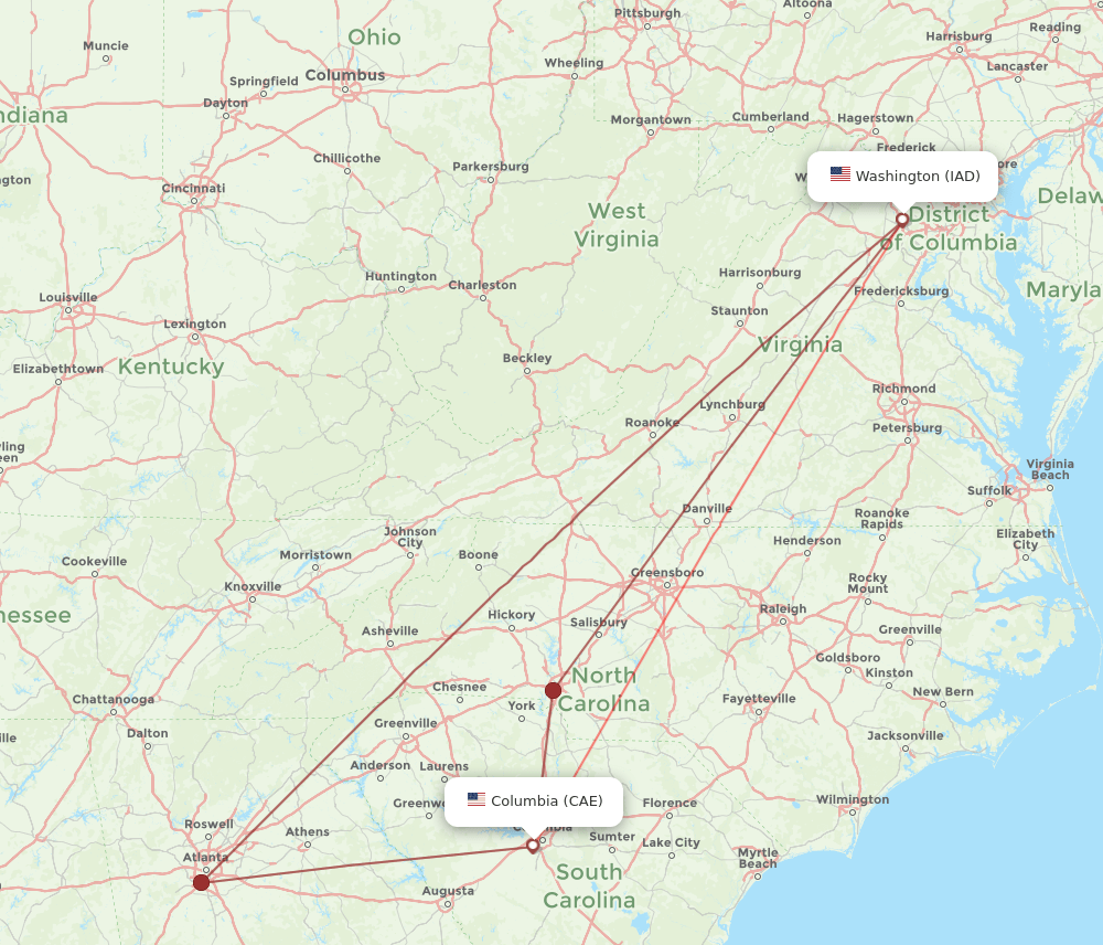 CAE to IAD flights and routes map