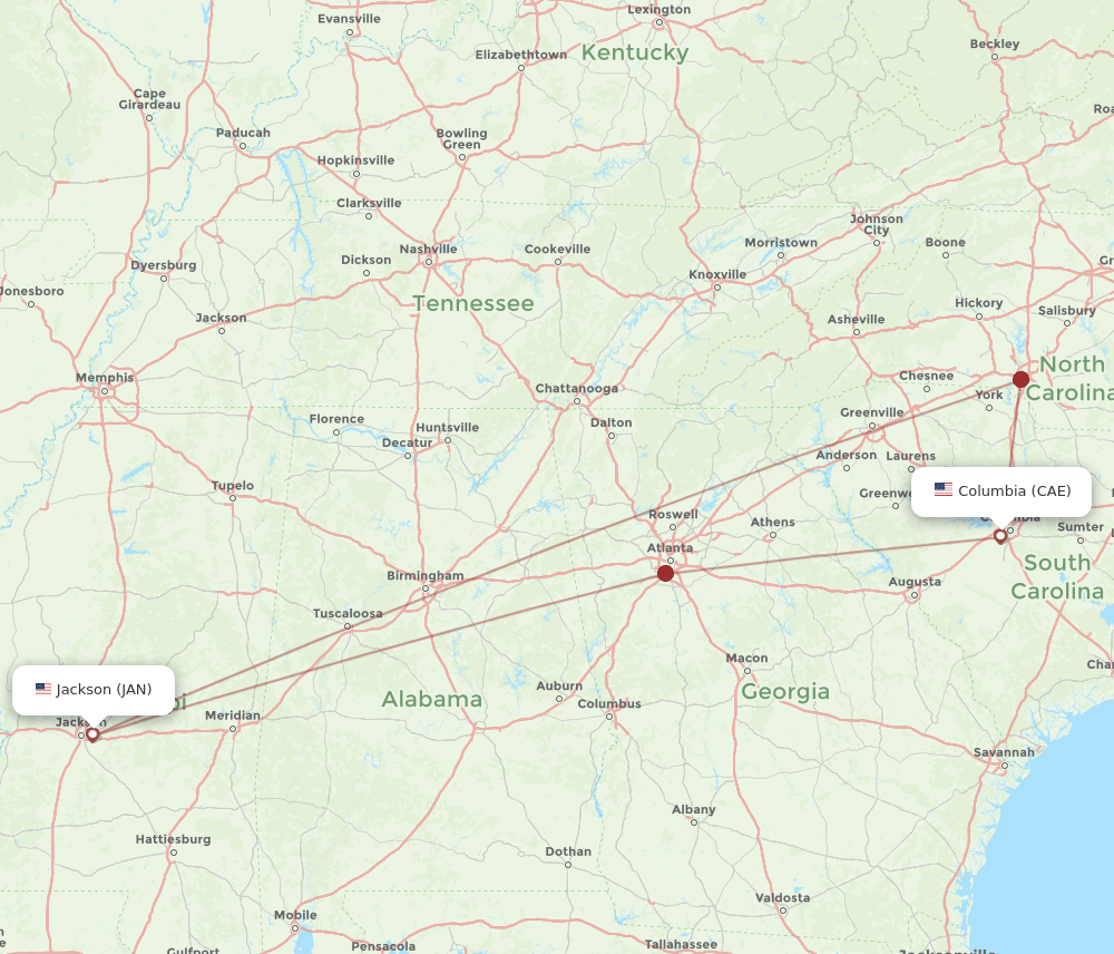 CAE to JAN flights and routes map