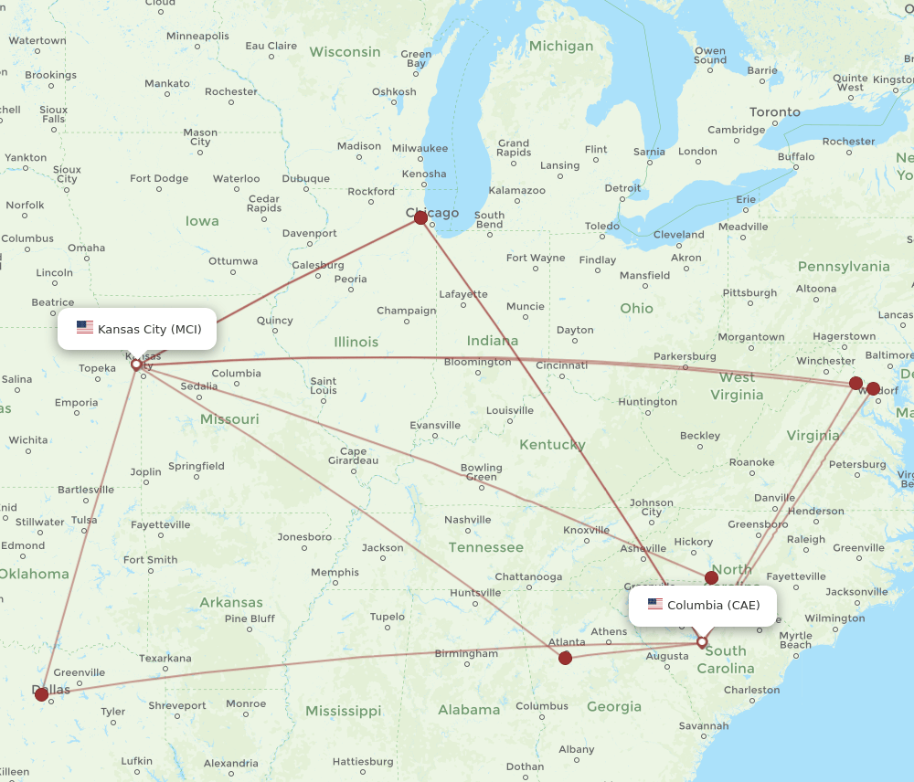 CAE-MCI flight routes