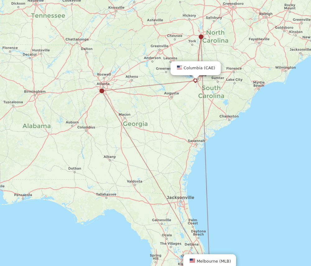 CAE to MLB flights and routes map
