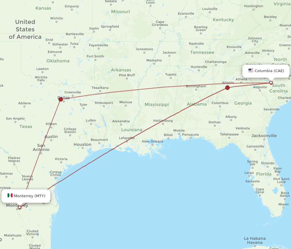 CAE-MTY flight routes