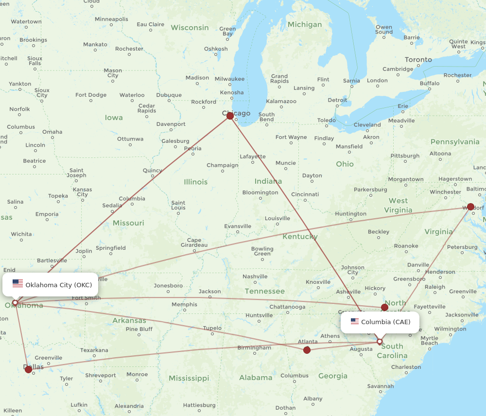 CAE to OKC flights and routes map