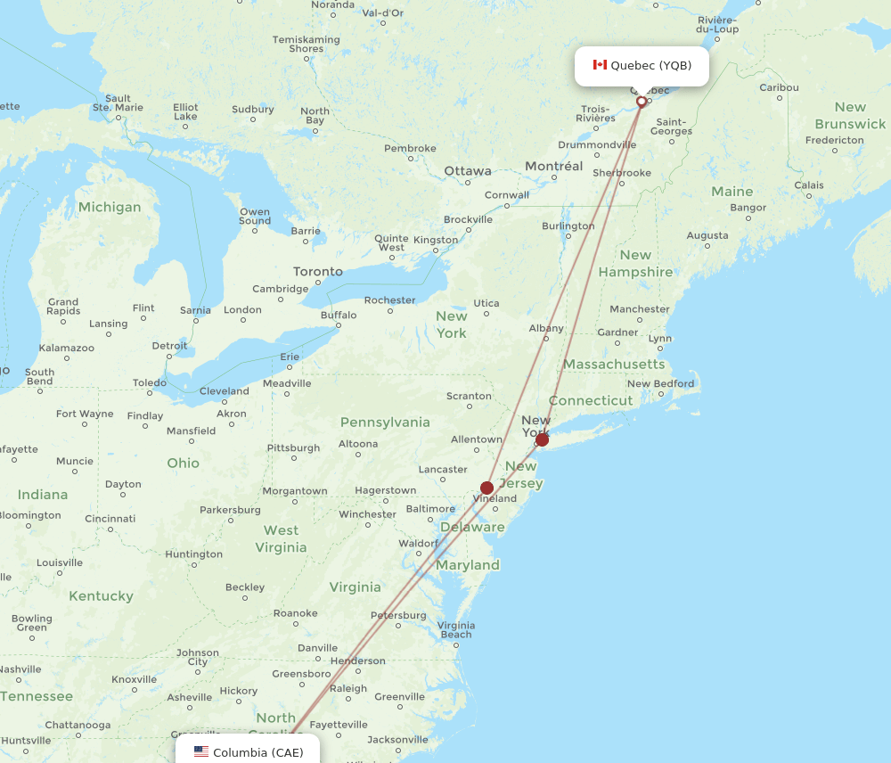 CAE to YQB flights and routes map