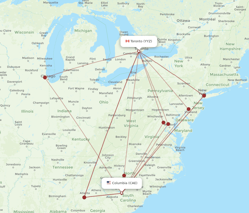 YYZ to CAE flights and routes map