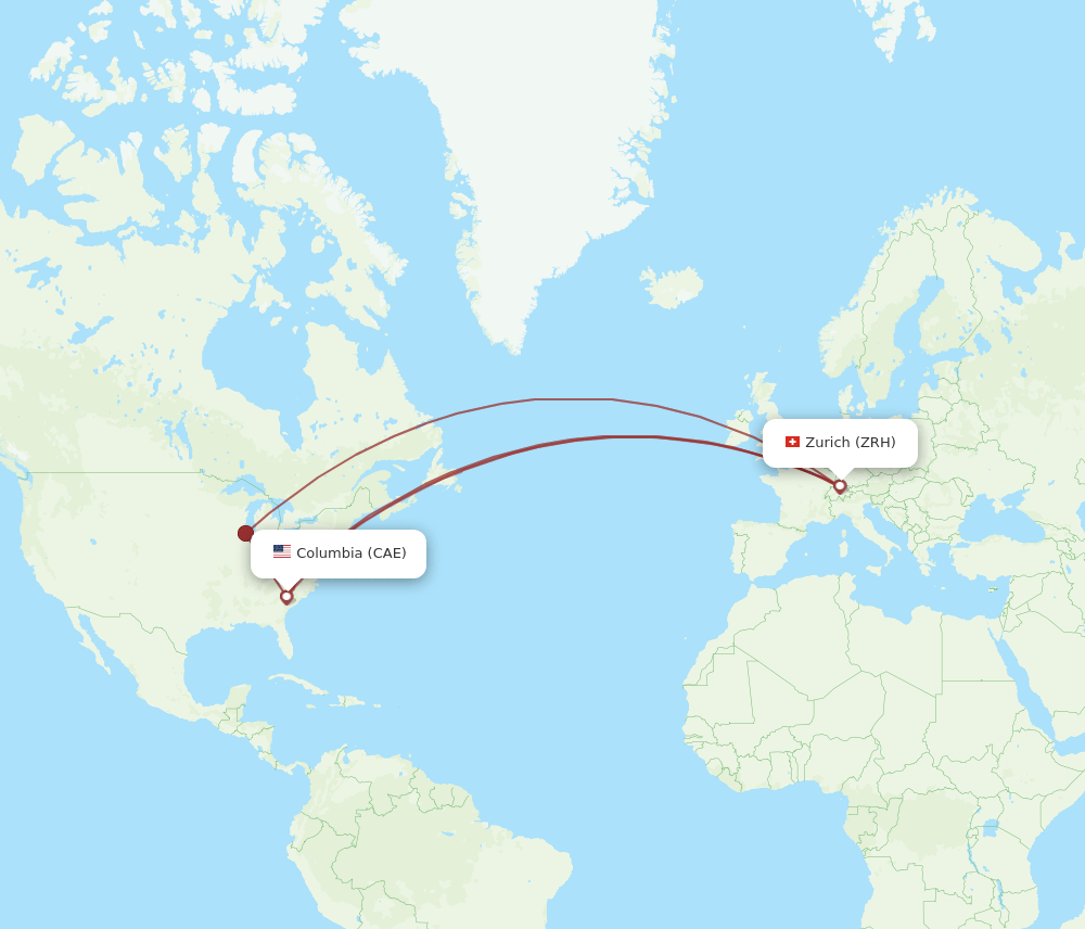 Zurich - Columbia route map and flight paths
