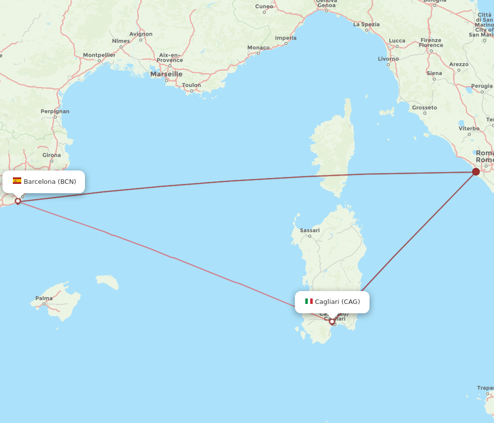 Cagliari - Barcelona route map and flight paths