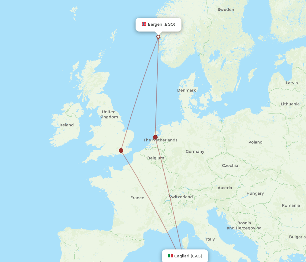 CAG to BGO flights and routes map