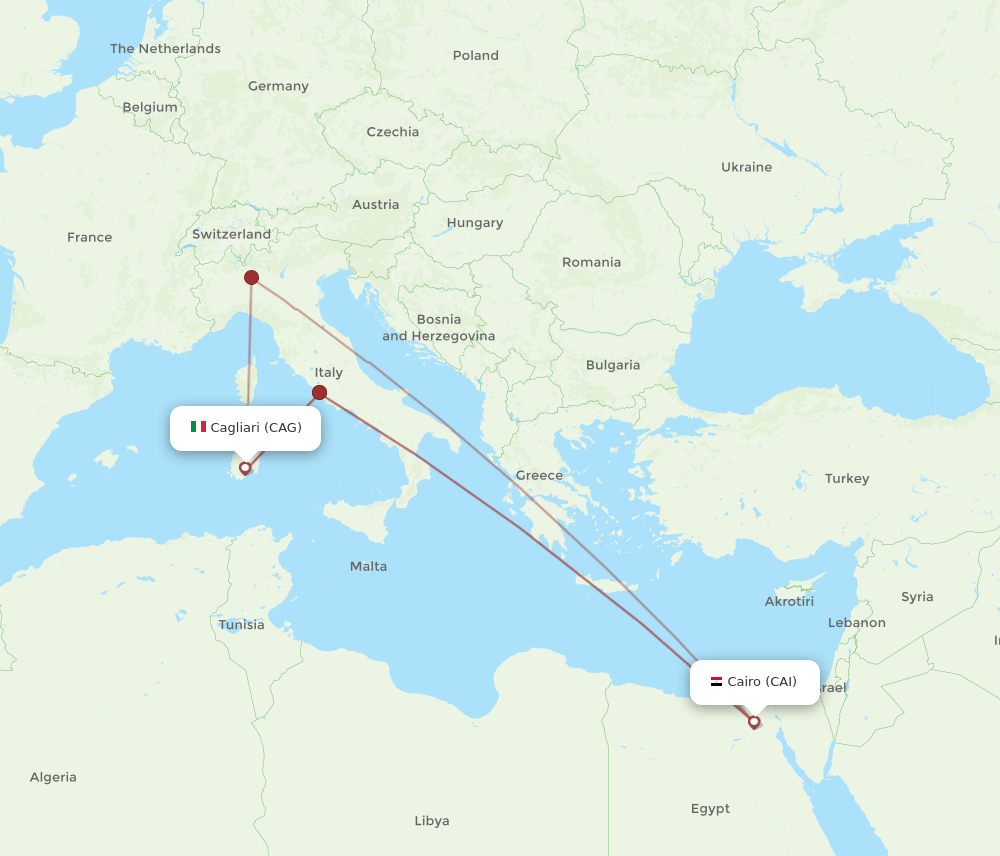 Cagliari - Cairo route map and flight paths