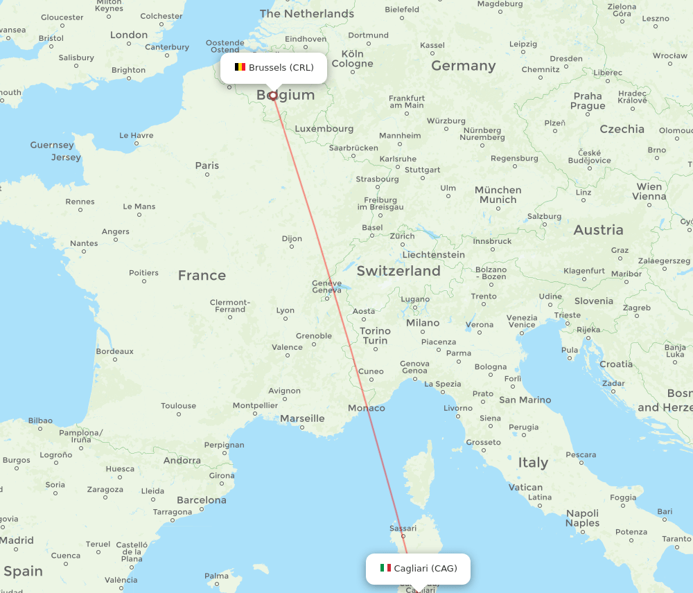 Cagliari - Brussels route map and flight paths
