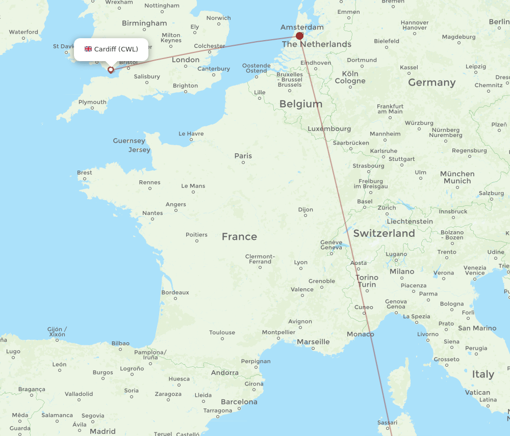 Cardiff - Cagliari route map and flight paths