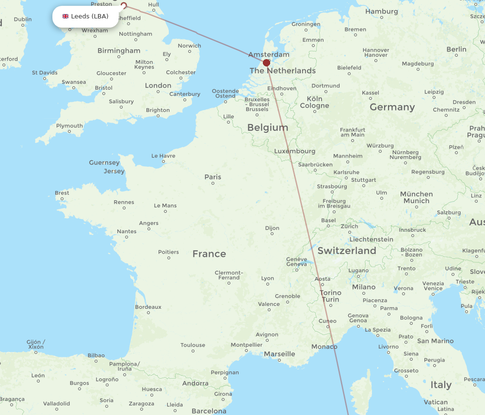 CAG to LBA flights and routes map