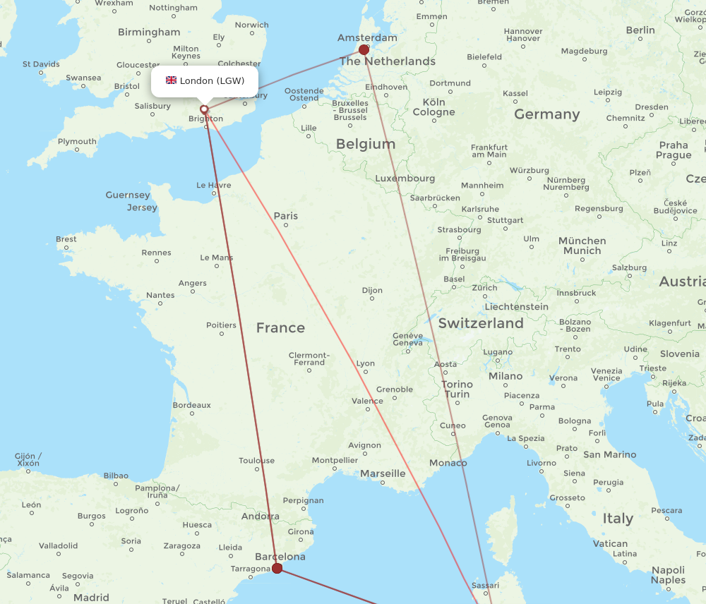 CAG to LGW flights and routes map