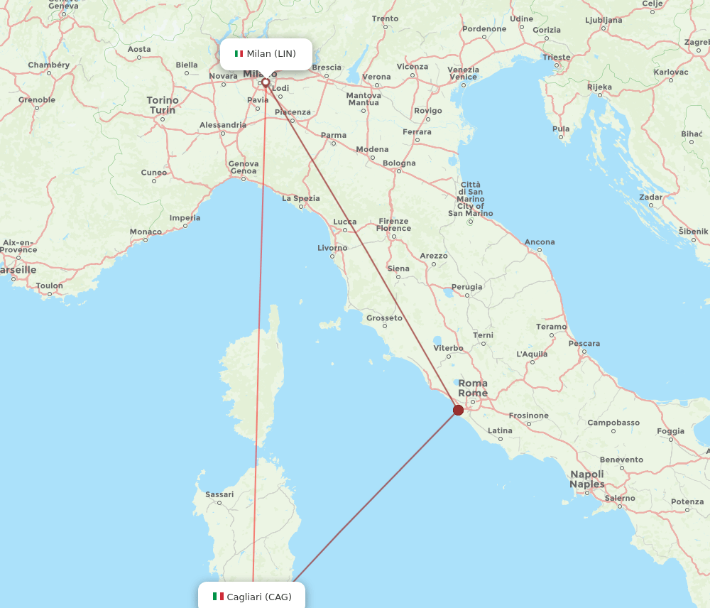 Cagliari - Milan route map and flight paths