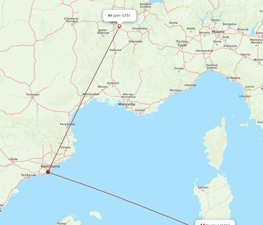 LYS to CAG flights and routes map