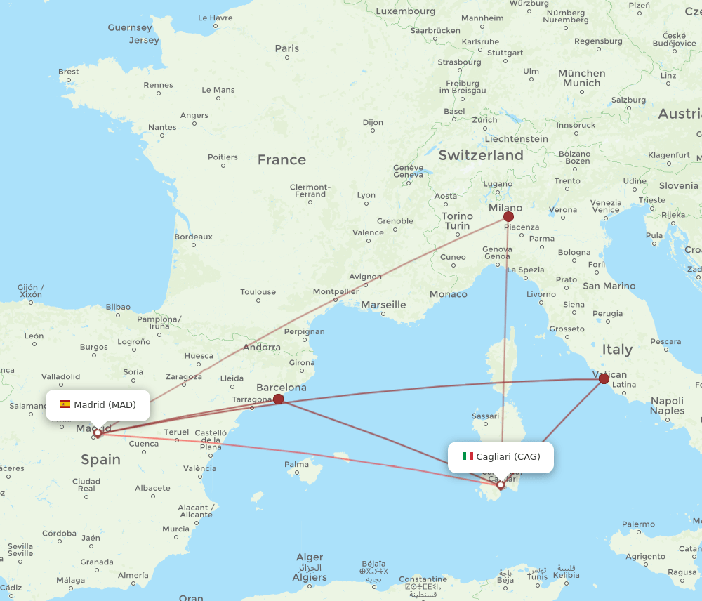CAG to MAD flights and routes map