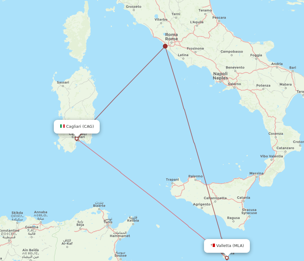 Cagliari - Malta route map and flight paths