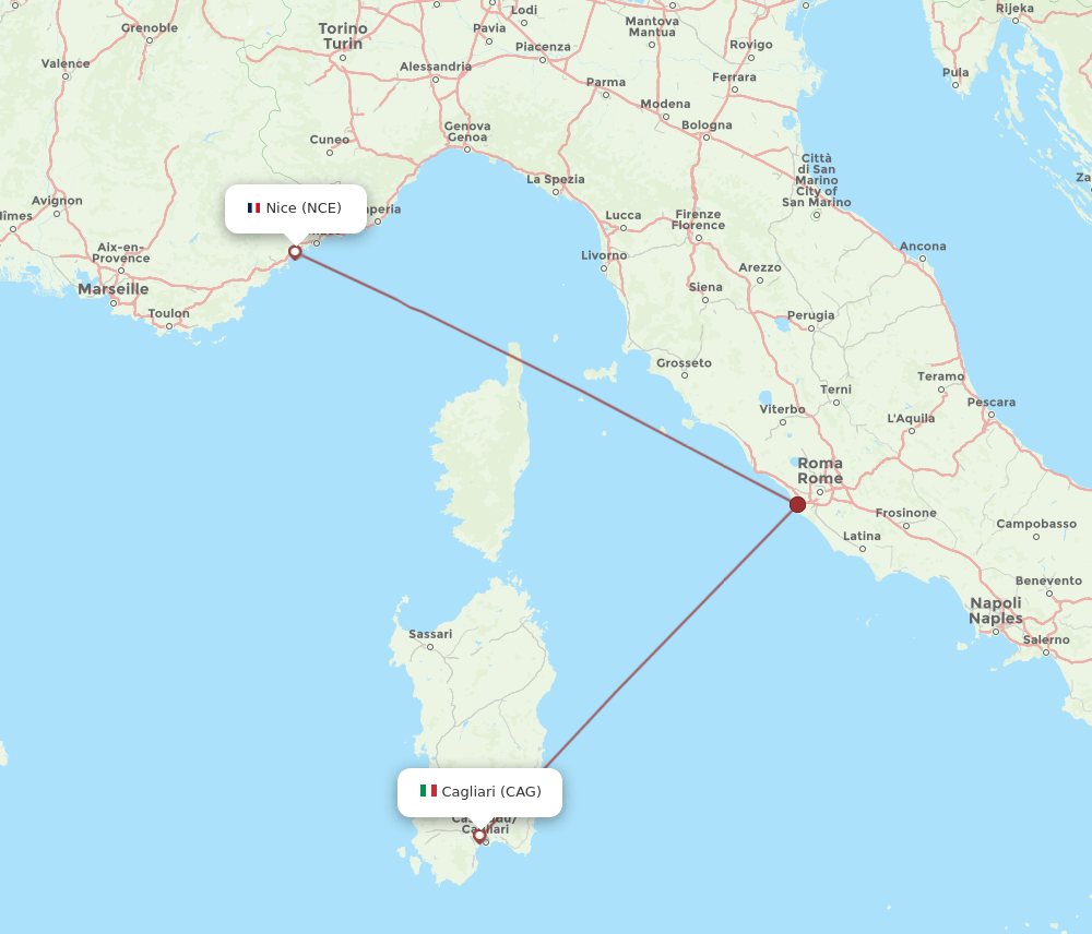 Cagliari - Nice route map and flight paths