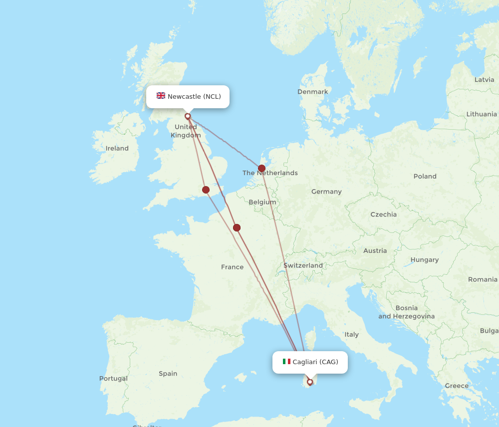 CAG to NCL flights and routes map