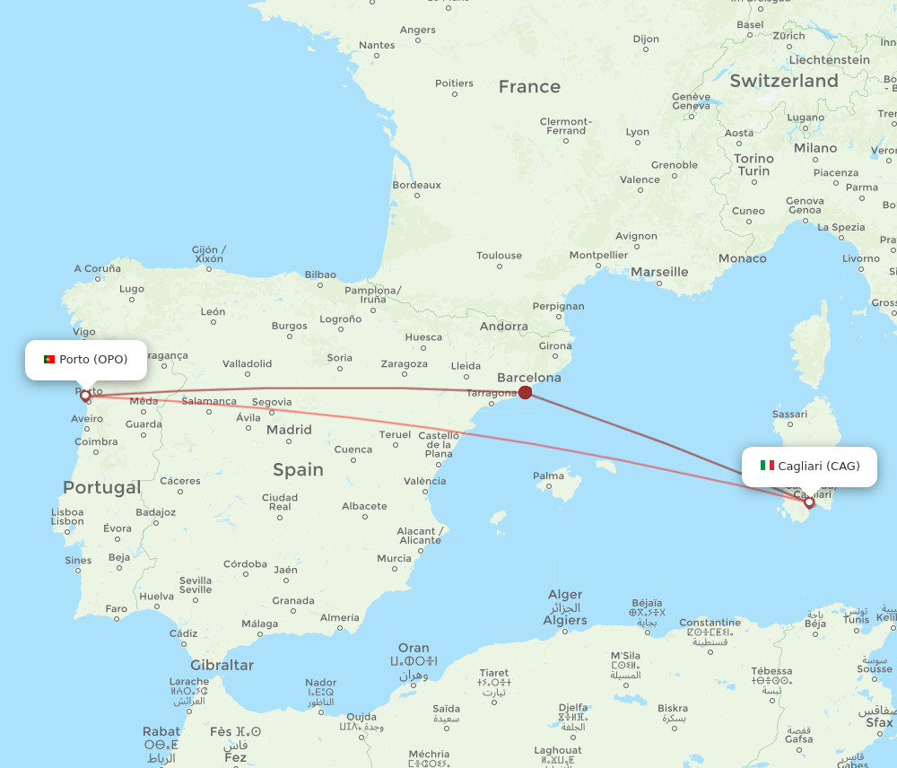 CAG to OPO flights and routes map