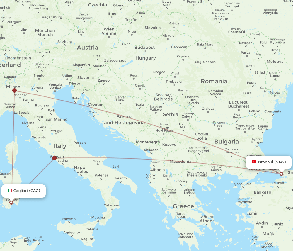 Cagliari - Istanbul route map and flight paths