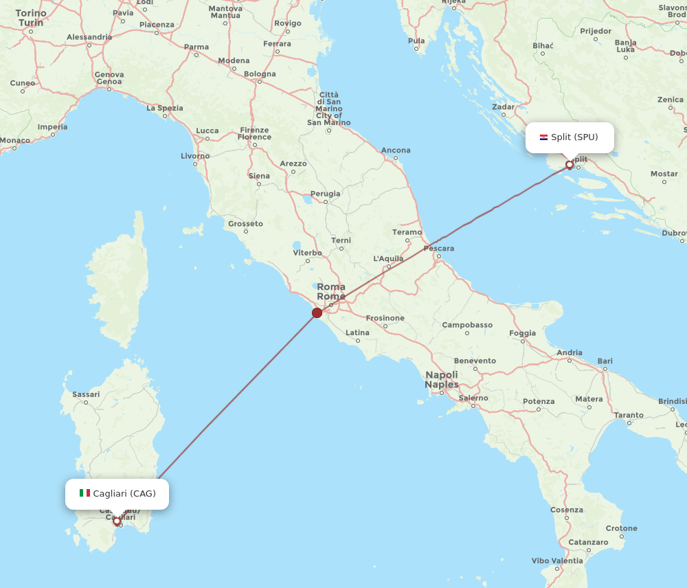 Cagliari - Split route map and flight paths