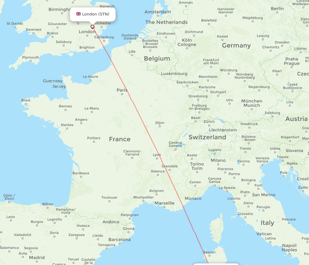 Cagliari - London route map and flight paths