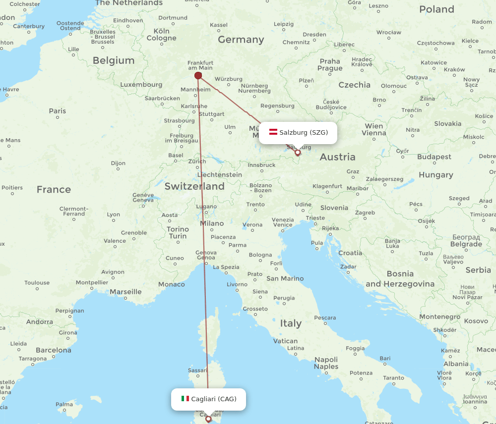 Salzburg - Cagliari route map and flight paths