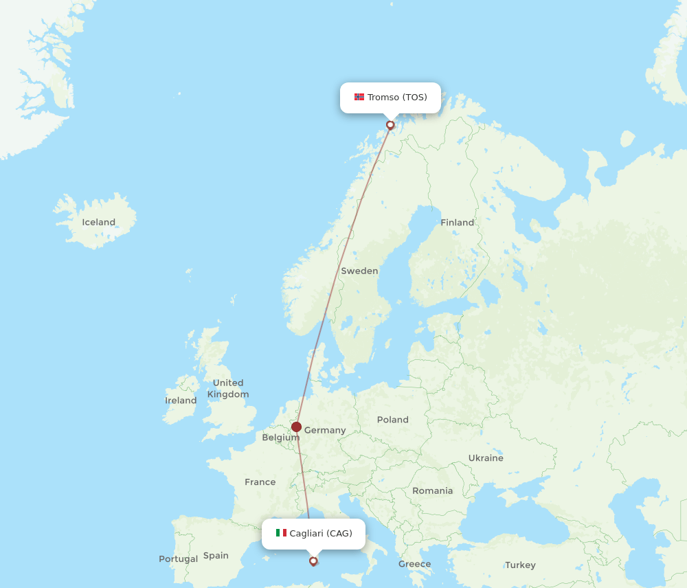Tromso - Cagliari route map and flight paths