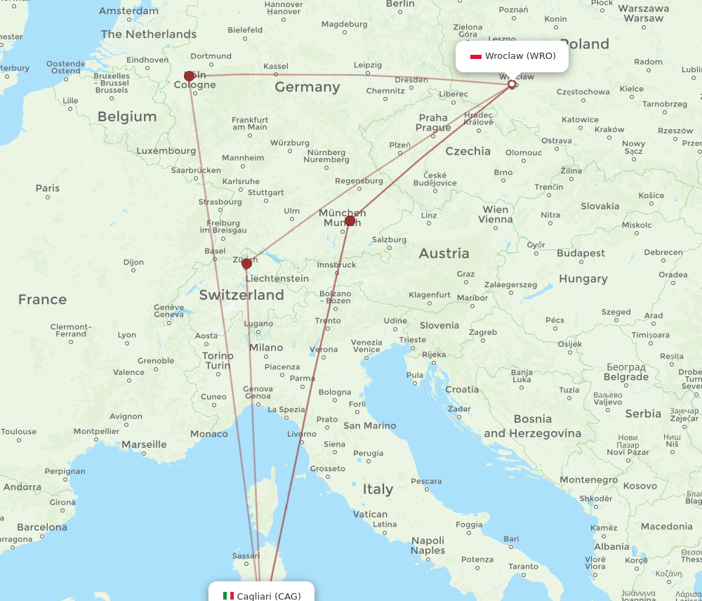 CAG-WRO flight routes