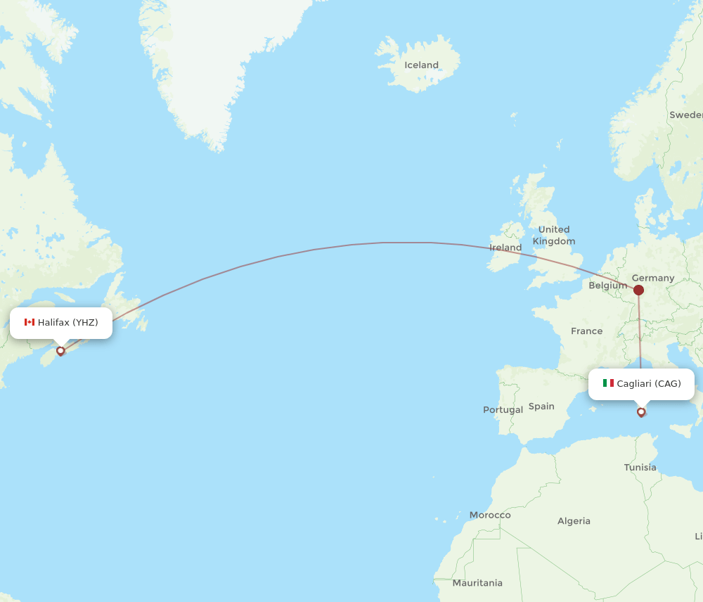Halifax - Cagliari route map and flight paths