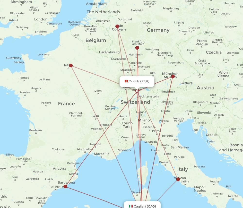 CAG to ZRH flights and routes map