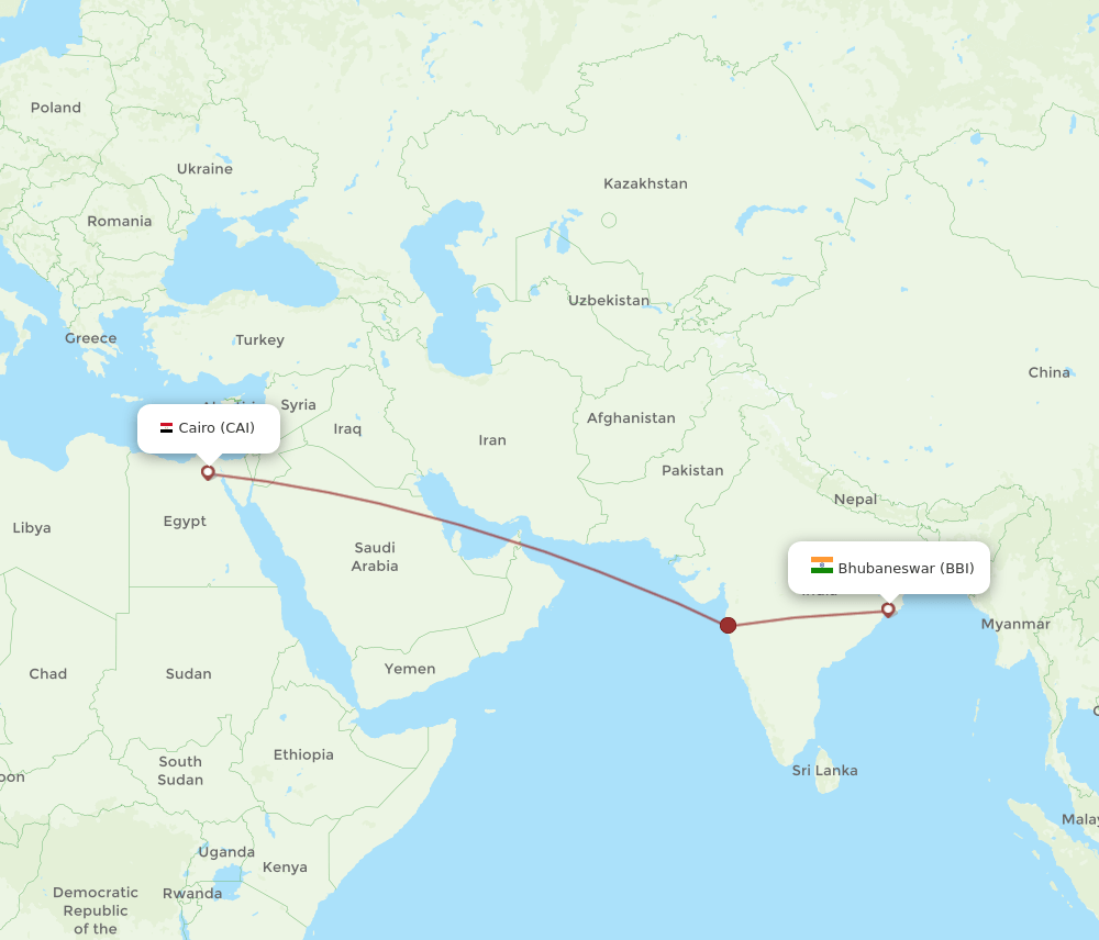 Bhubaneswar - Cairo route map and flight paths