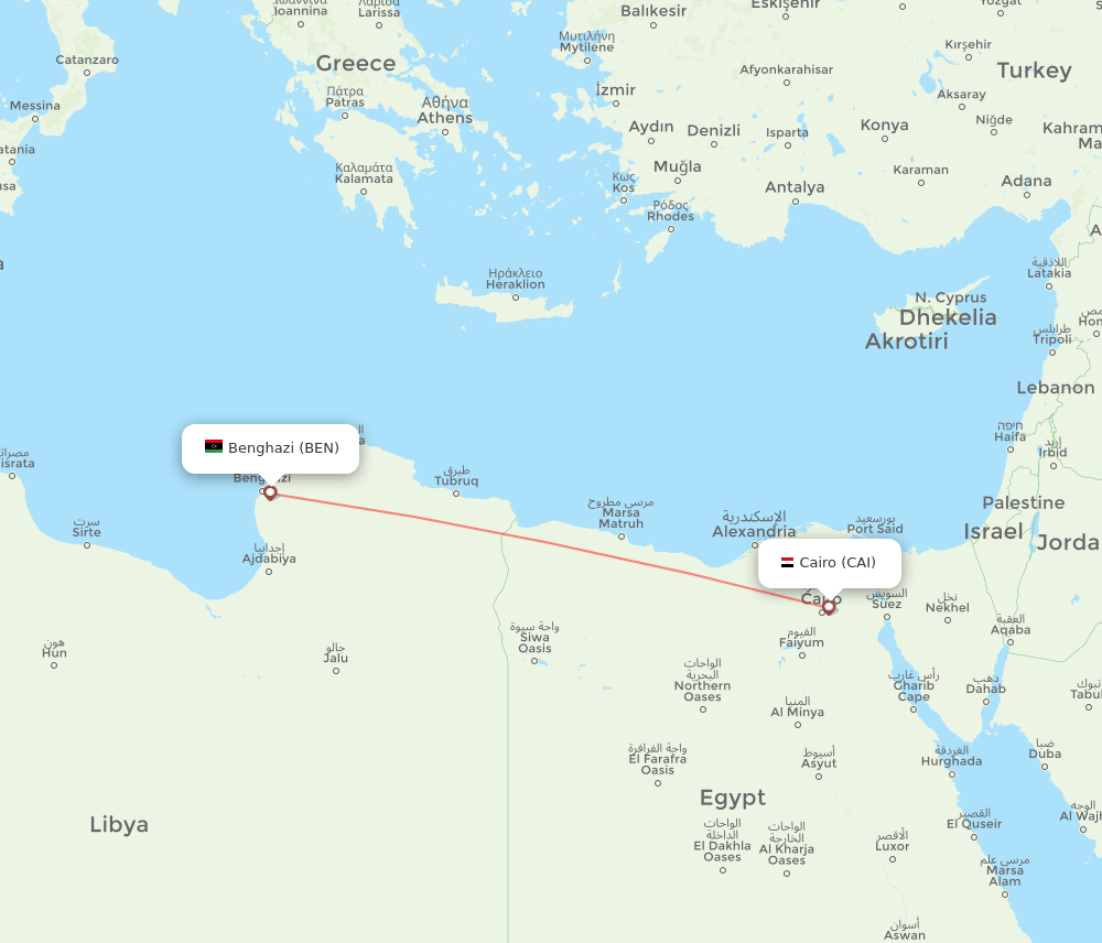 Cairo - Benghazi route map and flight paths