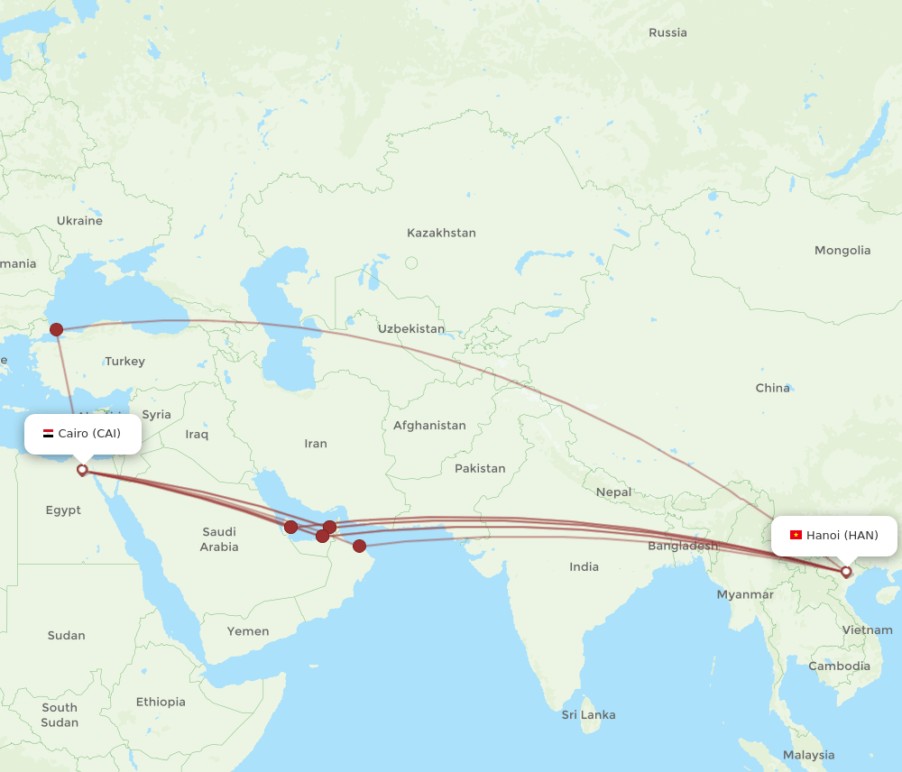 CAI to HAN flights and routes map