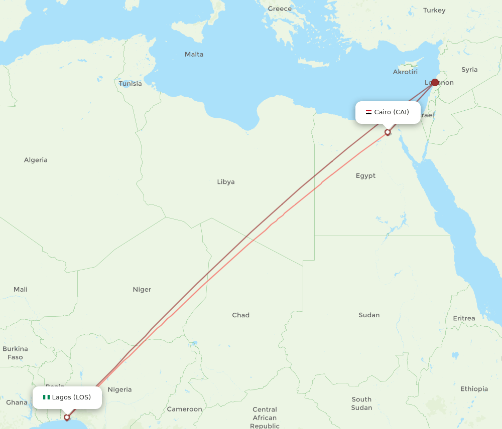 CAI to LOS flights and routes map