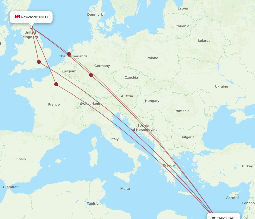 CAI-NCL flight routes